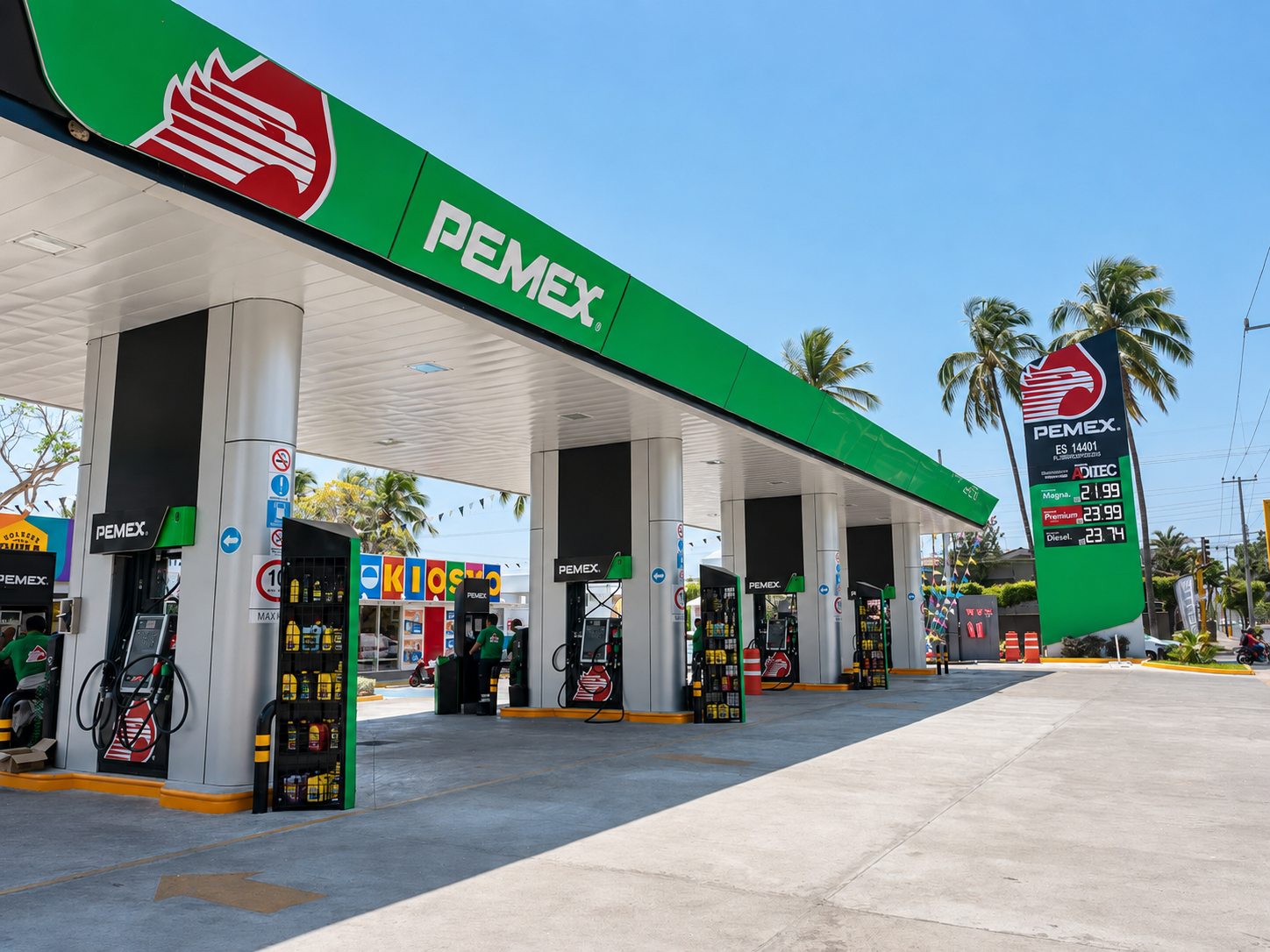 Estación de servicio Pemex con techumbre revestida en panel de aluminio compuesto